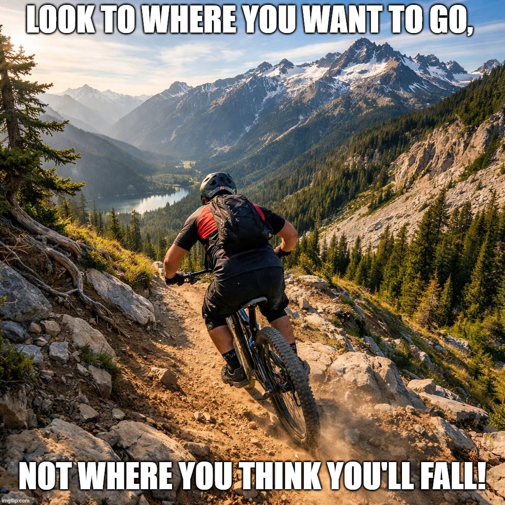 look | Look to where you want to go, Not where you think you'll fall! | image tagged in moutain biking down a mountain trail,remix | made w/ Imgflip meme maker