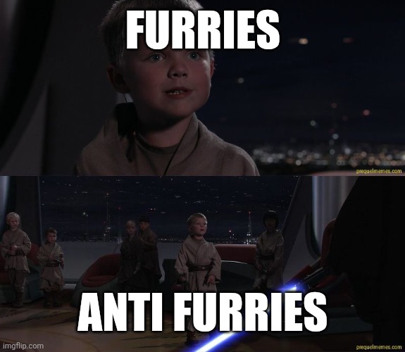 anti furry meme 3 | furries; anti furries | image tagged in master skywalker youngling | made w/ Imgflip meme maker