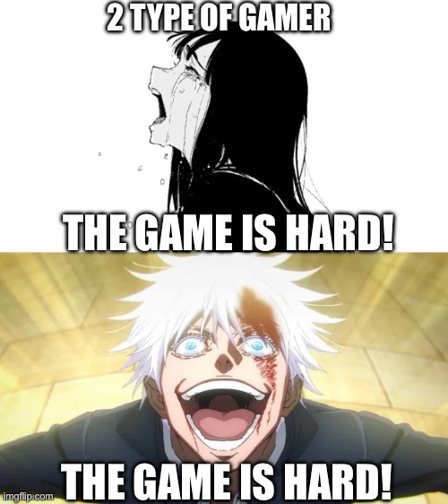 Différend player be like | 2 type of gamer; The game is hard! The game is hard! | image tagged in the game is hard gojo,gojo,gaming,fun | made w/ Imgflip meme maker