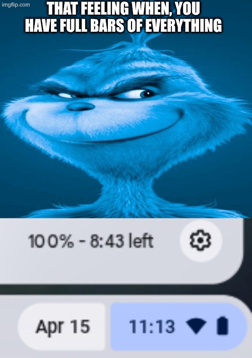 that feeling when | that feeling when, you have full bars of everything | image tagged in blue grinch,full battery,relatable,meme | made w/ Imgflip meme maker