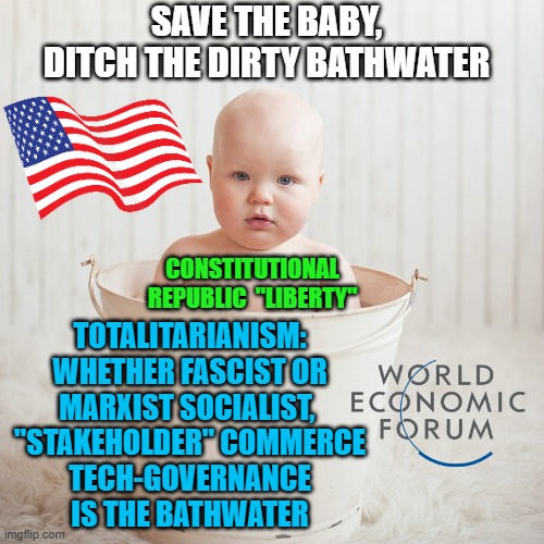 DON'T THROW THE BABY OUT WITH THE BATHWATER @ 250th Birthday | Save the baby,
ditch the dirty bathwater; Constitutional
Republic  "Liberty"; Totalitarianism:
whether Fascist or
Marxist Socialist, 
"Stakeholder" Commerce
Tech-Governance
is the Bathwater | image tagged in baby bathwater,usa,america,the constitution,cultural marxism,technology | made w/ Imgflip meme maker