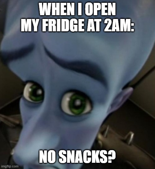 Megamind no bitches | WHEN I OPEN MY FRIDGE AT 2AM:; NO SNACKS? | image tagged in megamind no bitches | made w/ Imgflip meme maker