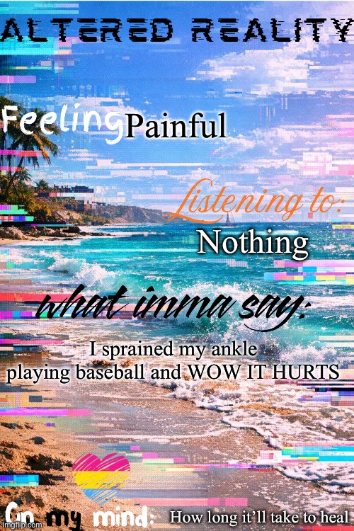 I can’t walk on my left leg so idk how I’m gonna get home from school | Painful; Nothing; I sprained my ankle playing baseball and WOW IT HURTS; How long it’ll take to heal | image tagged in altered's announcement template | made w/ Imgflip meme maker