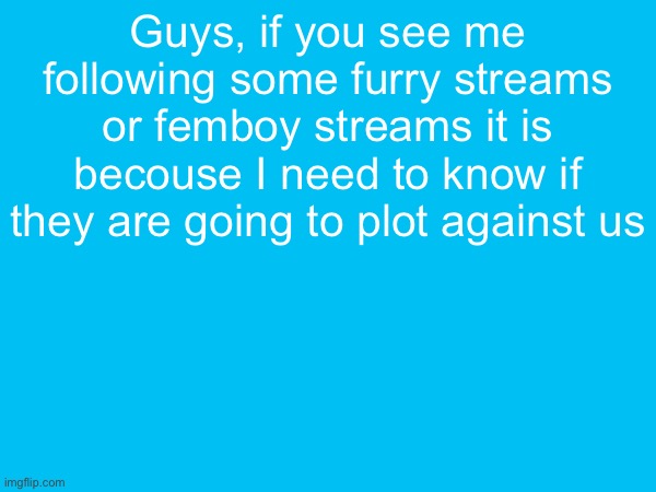 Guys, if you see me following some furry streams or femboy streams it is becouse I need to know if they are going to plot against us | made w/ Imgflip meme maker