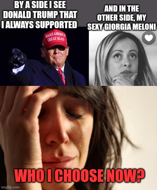 By a side i see Donald Trump that i always supported; And in the other side, my sexy Giorgia Meloni; Who I choose now? | image tagged in donald trump,memes,first world problems | made w/ Imgflip meme maker