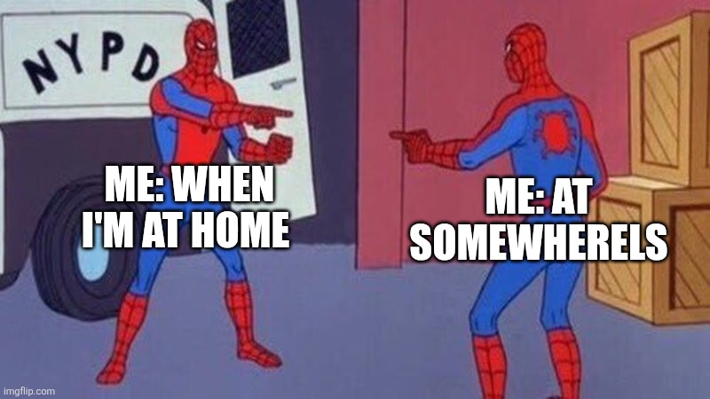 Spider man | Me: when I'm at home; Me: at somewherels | image tagged in spiderman pointing at spiderman,gifs | made w/ Imgflip meme maker
