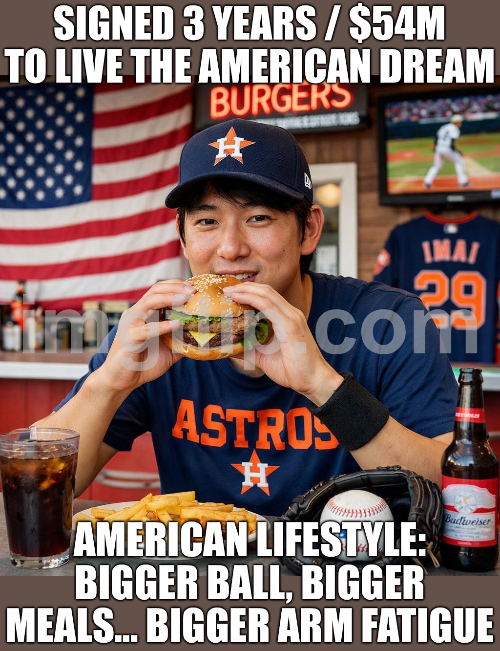 SIGNED $54M TO LIVE THE AMERICAN DREAM; DREAM SO FAR: BIGGER BALL, WEIRDER FOOD, AND MY ARM NEEDS A NAP | SIGNED 3 YEARS / $54M TO LIVE THE AMERICAN DREAM; AMERICAN LIFESTYLE: BIGGER BALL, BIGGER MEALS… BIGGER ARM FATIGUE | image tagged in mlb,japanese,baseball,american dream,food,money | made w/ Imgflip meme maker