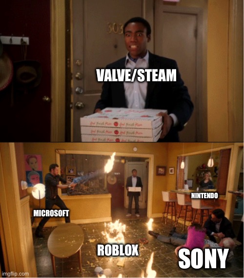 The secret to steam always winning: | Valve/steam; Nintendo; Microsoft; Roblox; Sony | image tagged in community fire pizza meme,steam,valve,roblox,microsoft,nintendo | made w/ Imgflip meme maker
