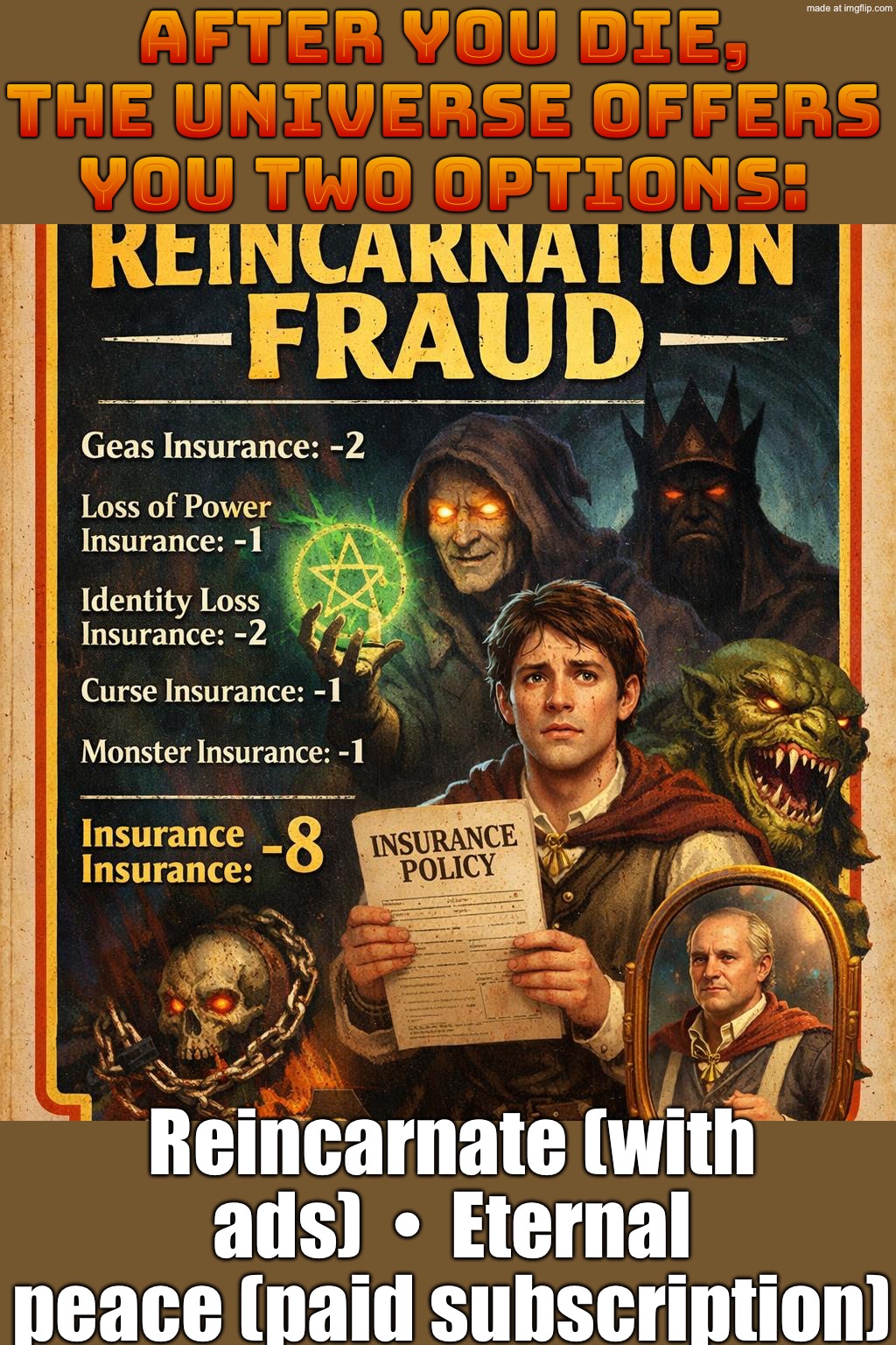 THE AFTERLIFE IS REAL—PICK YOUR DESTINATION:; REINCARNATE / HEAVEN / HELL / SIMULATION / CLAIM INSURANCE / COMMIT FRAUD | After you die, the universe offers you two options:; Reincarnate (with ads)  •  Eternal peace (paid subscription) | image tagged in choose your own adventure,afterlife,religion,gaming,reincarnation,insurance | made w/ Imgflip meme maker