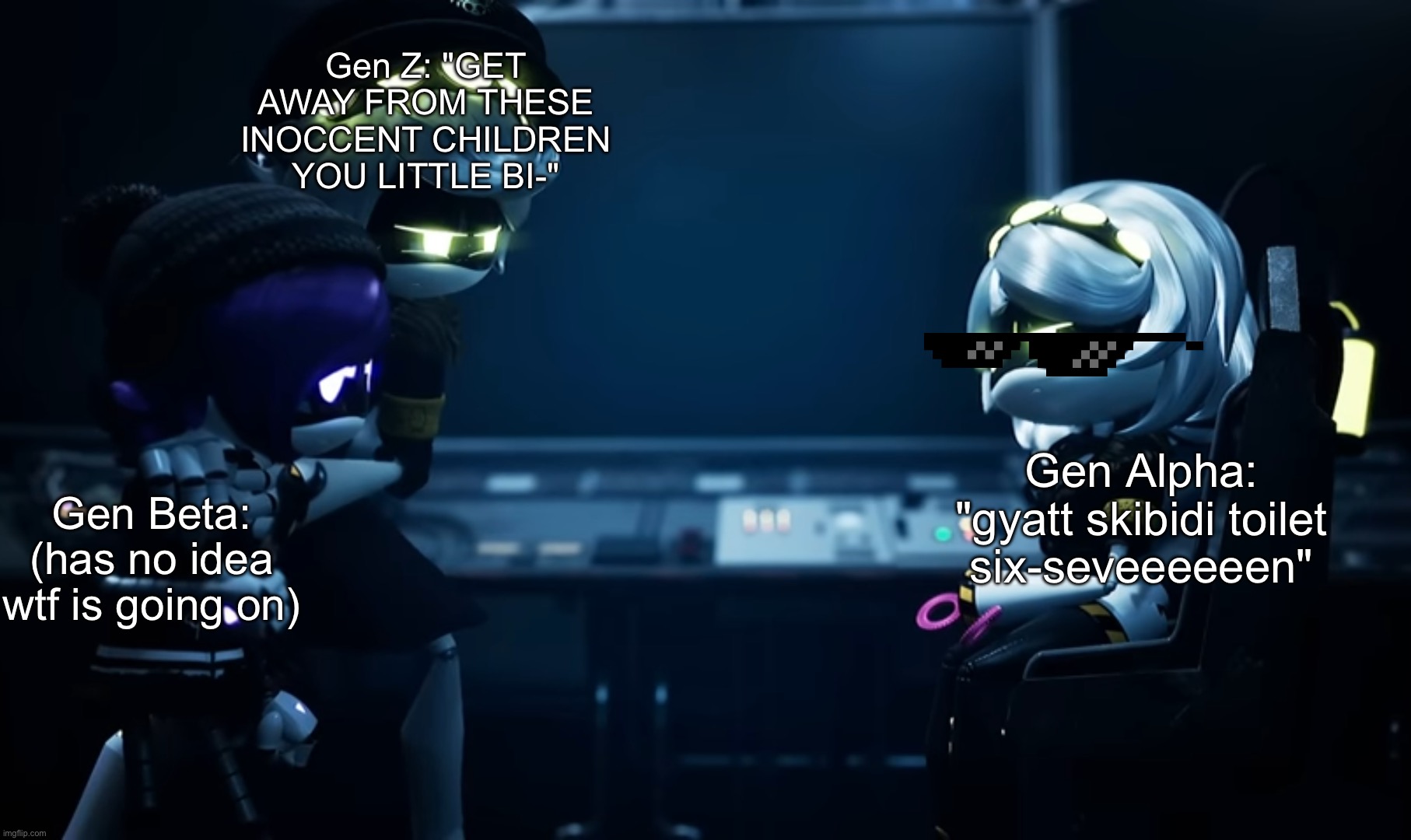 STFU WITH BRAINROT I BEG YOUUUUUUUUU | Gen Z: "GET AWAY FROM THESE INOCCENT CHILDREN YOU LITTLE BI-"; Gen Alpha: "gyatt skibidi toilet six-seveeeeeen"; Gen Beta: (has no idea wtf is going on) | image tagged in n protecting uzi | made w/ Imgflip meme maker