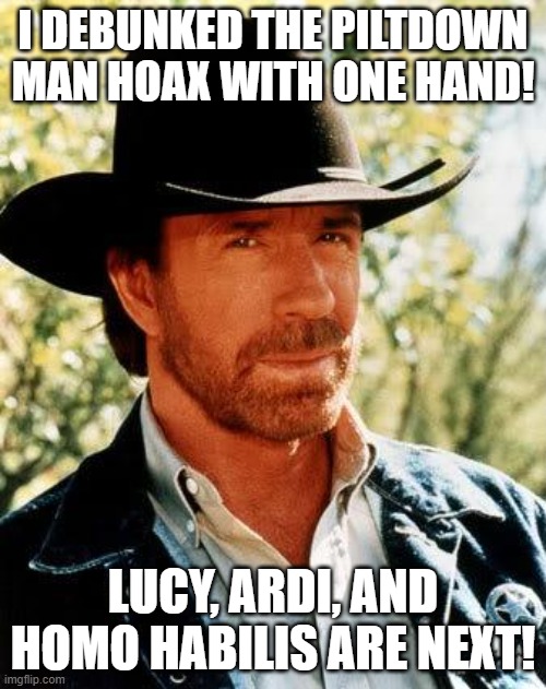 chuch norris and evolution he beats the missing link myths | I debunked the piltdown man hoax with one hand! LUCY, ARDI, and Homo Habilis are next! | image tagged in memes,chuck norris | made w/ Imgflip meme maker
