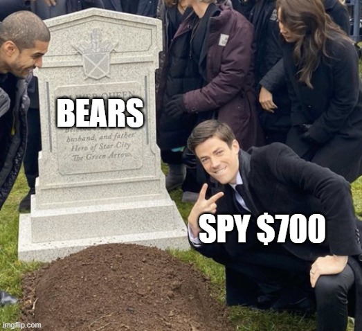 SPY 700 | Bears; SPY $700 | image tagged in grant gustin over grave cropped headstone rip tombstone,stock market | made w/ Imgflip meme maker