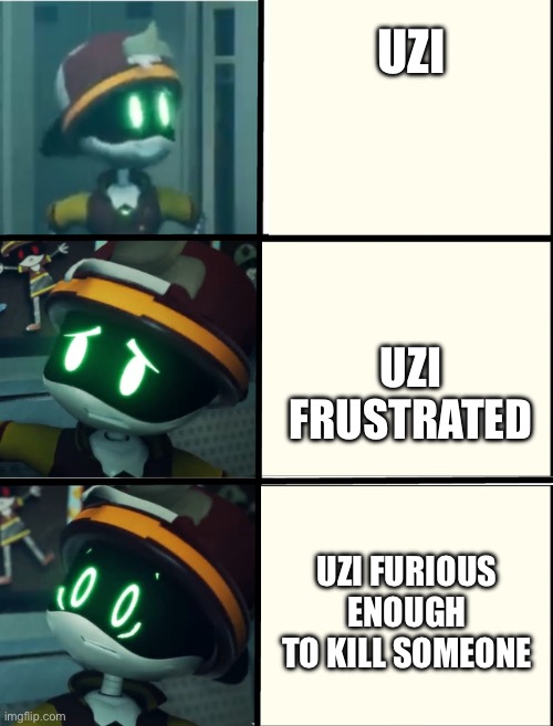 :) | Uzi; uzi frustrated; uzi furious enough to kill someone | image tagged in thad's fright level | made w/ Imgflip meme maker