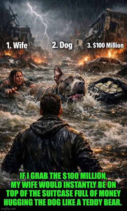 Funny | If I grab the $100 million, my wife would instantly be on top of the suitcase full of money hugging the dog like a teddy bear. | image tagged in funny,money man,wife,dog,congratulations you are being rescued please do not resist,i guarantee it | made w/ Imgflip meme maker