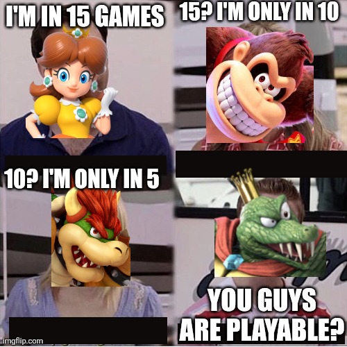 Mario Party Playables | 15? I'm only in 10; I'm in 15 games; 10? I'm only in 5; You guys are playable? | image tagged in you guys are getting paid template | made w/ Imgflip meme maker