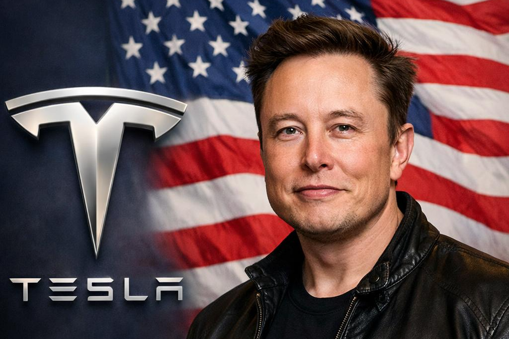 High Quality Elon, a Tesla logo and the US flag Blank Meme Template