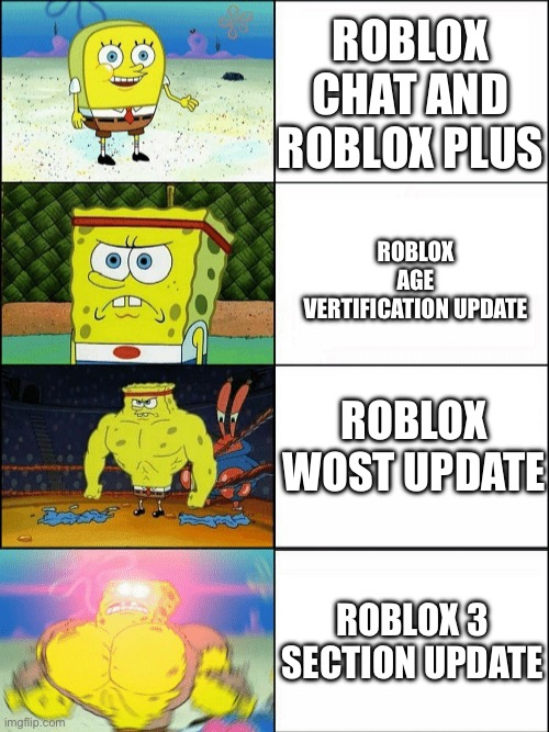 Increasingly buff spongebob | Roblox chat and Roblox plus; Roblox age vertification update; Roblox wost update; Roblox 3 section update | image tagged in increasingly buff spongebob | made w/ Imgflip meme maker
