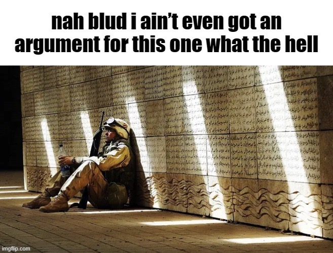 nah blud i ain’t even got an argument for this one what the hell | image tagged in nah blud i ain t even got an argument for this one what the hell | made w/ Imgflip meme maker