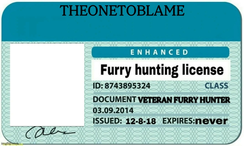 i got this | TheOneToBlame; veteran furry hunter | image tagged in furry hunting license | made w/ Imgflip meme maker