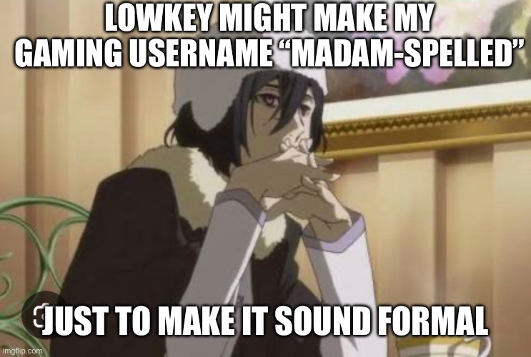 Funny Idea (in my opinion) | Lowkey might make my Gaming Username “Madam-Spelled”; Just to make it sound formal | made w/ Imgflip meme maker