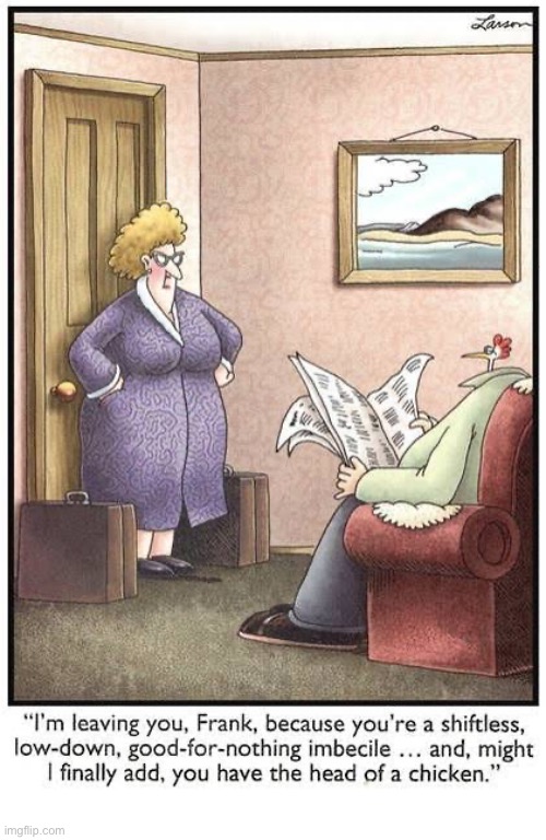 She knew about all of that when she married him… | image tagged in the far side,comics,she told him,shiftless,imbecile,chicken head | made w/ Imgflip meme maker