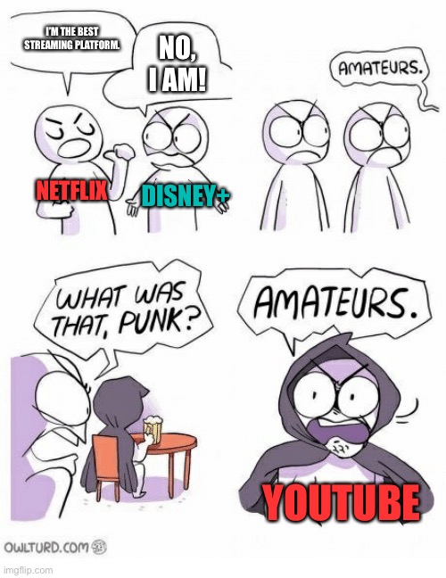 The best music streaming platform | I’m the best streaming platform. No, I am! Netflix; Disney+; YouTube | image tagged in amateurs,disney,youtube,netfix,meme,funny | made w/ Imgflip meme maker