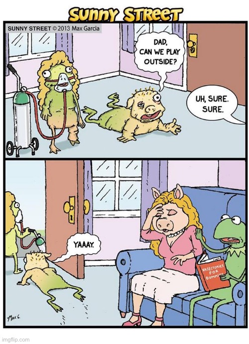 The results of cross-species (and cross-Muppet) breeding | image tagged in comics,sunny street,kermit the frog,miss piggy,children,crossbreeding | made w/ Imgflip meme maker