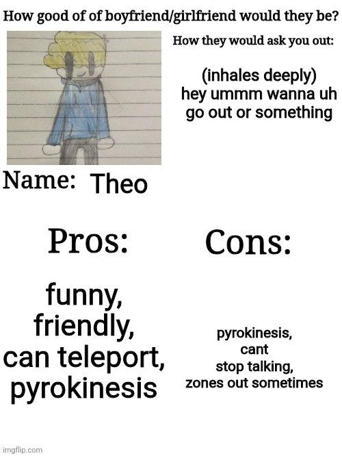 my turn ig | (inhales deeply) hey ummm wanna uh go out or something; Theo; pyrokinesis, cant stop talking, zones out sometimes; funny, friendly, can teleport, pyrokinesis | image tagged in how good of a gf/bf would they be | made w/ Imgflip meme maker