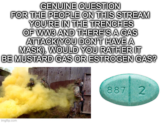 Just wondering | genuine question for the people on this stream
 You’re in the trenches of WW3 and there’s a gas attack(you don’t have a mask). Would you rather it be mustard gas or estrogen gas? | image tagged in mustard gas,estrogen,trans | made w/ Imgflip meme maker