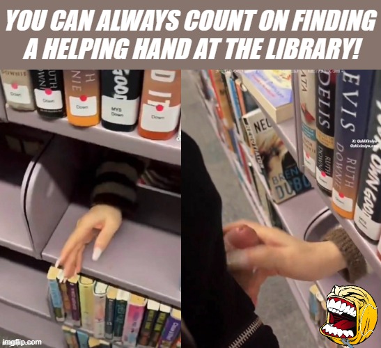 You can always find a helping hand at the library | You can always count on finding 
 a helping hand at the library! | image tagged in a helping hand in the library,library,hand job,a helping hand,books | made w/ Imgflip meme maker
