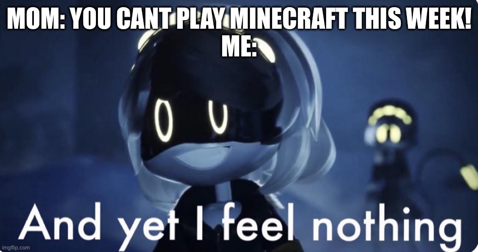 Cuz she confuses me with my brother | Mom: you cant play minecraft this week!
Me: | image tagged in murder drones v and yet i feel nothing | made w/ Imgflip meme maker