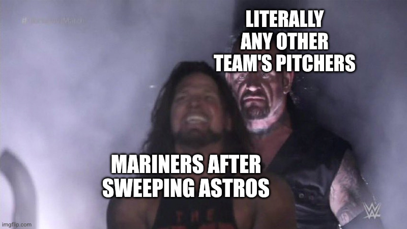 Guy behind another guy | Literally any other team's pitchers; Mariners after sweeping Astros | image tagged in guy behind another guy | made w/ Imgflip meme maker