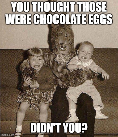 Creepy easter bunny | you thought those were chocolate eggs didn't you? | image tagged in creepy easter bunny | made w/ Imgflip meme maker
