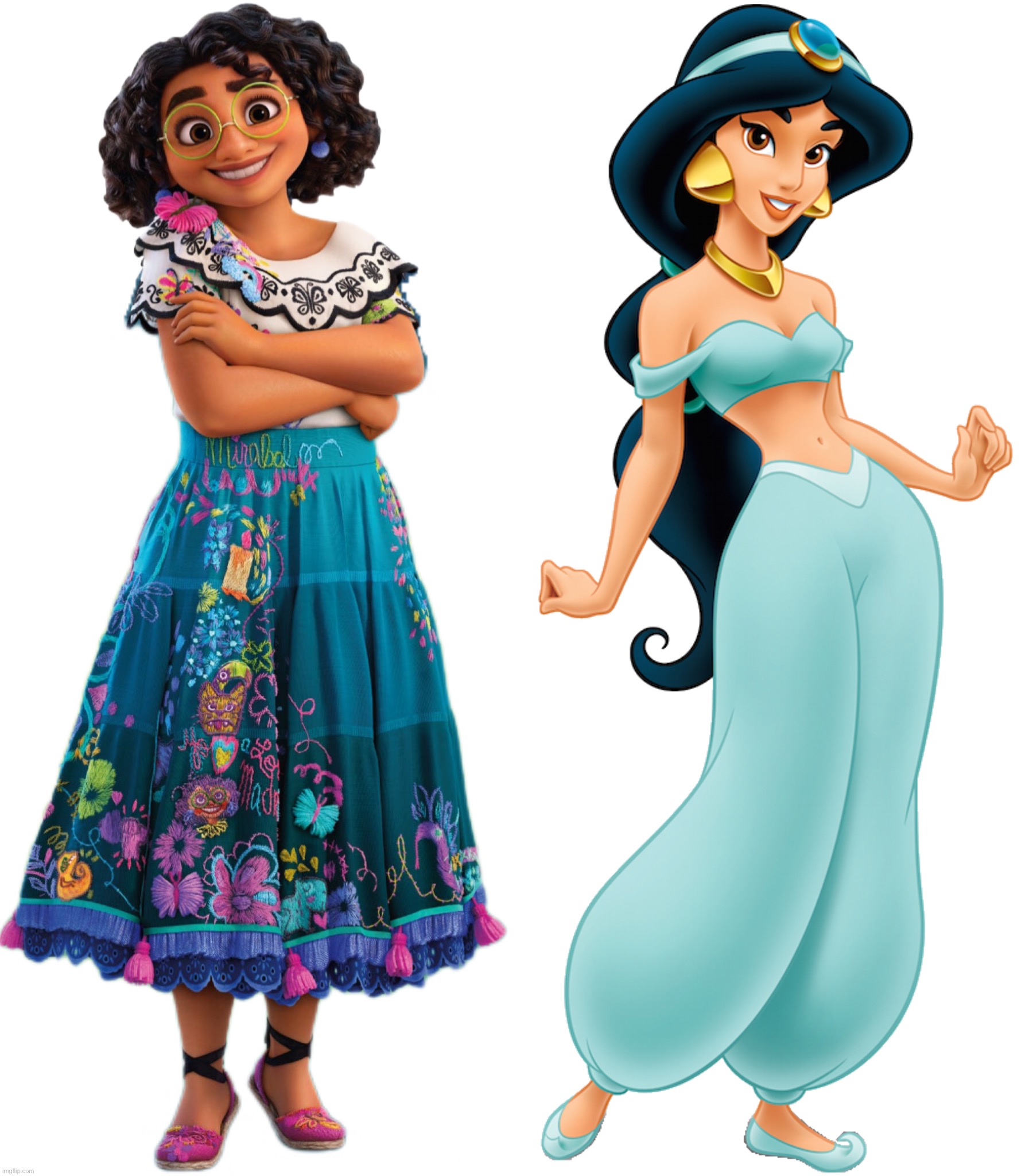 Mirabel Madrigal and Princess Jasmine | image tagged in mirabel madrigal,jasmine the princess of agrabah,aladdin,disney princess,encanto,princess jasmine | made w/ Imgflip meme maker