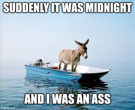 Fishermen fairy tales | Suddenly it was midnight; And I was an Ass | image tagged in donkey on a boat,memes,dumbass,fairy tales,happy ending,unintended consequences | made w/ Imgflip meme maker