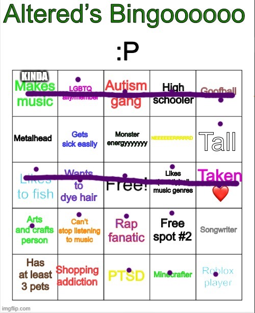 Altered’s bingo | kinda | image tagged in altered s bingo | made w/ Imgflip meme maker