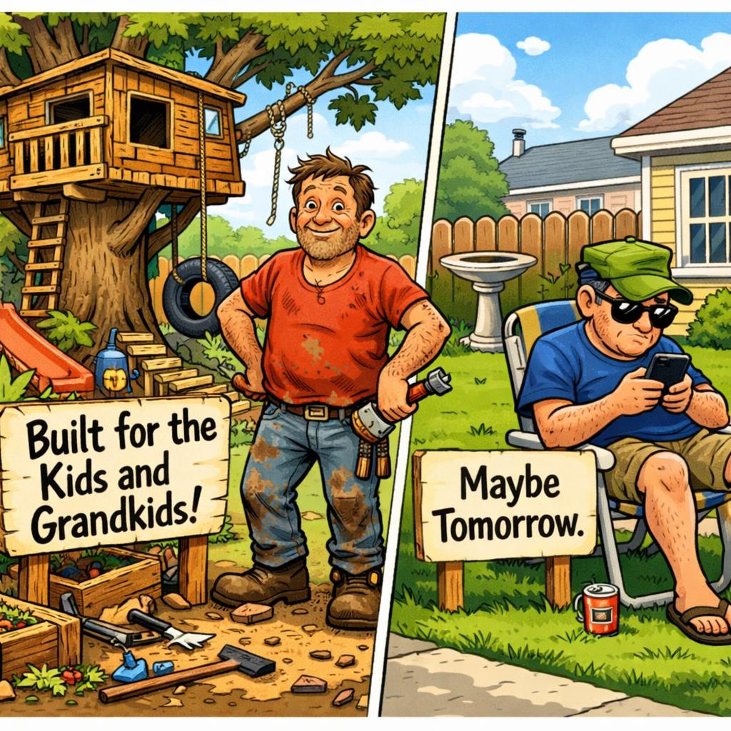 A tired middle-aged man stands proudly next to a messy backyard Blank Meme Template