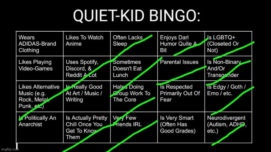 Quiet Kid Bingo | image tagged in quiet kid bingo | made w/ Imgflip meme maker