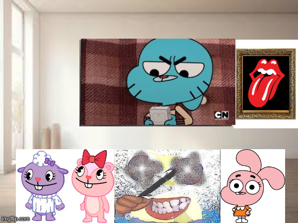 TV characters watching a TV show #1. | image tagged in img_4227 jpeg,happy tree friends,gumball,klasky csupo,bedroom,watching tv | made w/ Imgflip meme maker