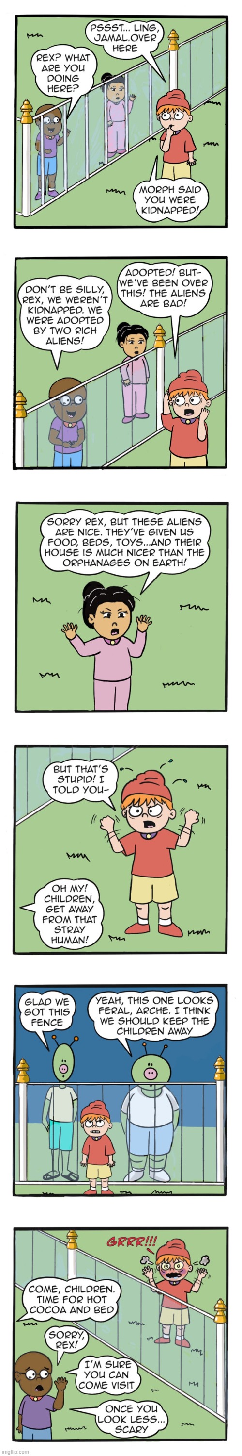 image tagged in humans,rex,aliens,adopted,feral,oof | made w/ Imgflip meme maker