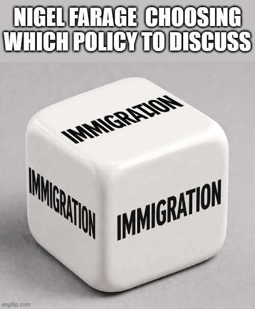 Farage's Toolbox | Nigel Farage  choosing which policy to discuss | image tagged in policy dice,nigel farage,immigration | made w/ Imgflip meme maker