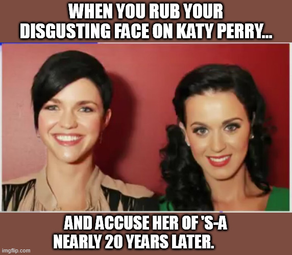 Ruby Rose = rubby nose! | When you rub your disgusting face on Katy Perry... And accuse her of 'S-A nearly 20 years later. | image tagged in ruby rose,sexual,katy perry,assault,funny,memes | made w/ Imgflip meme maker