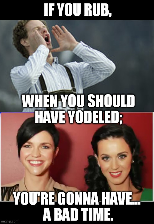 Don't party and rub... | If you rub, when you should have yodeled;; you're gonna have...
 a bad time. | image tagged in yodel,katy perry,ruby rose,you're gonna have a bad time,funny,memes | made w/ Imgflip meme maker