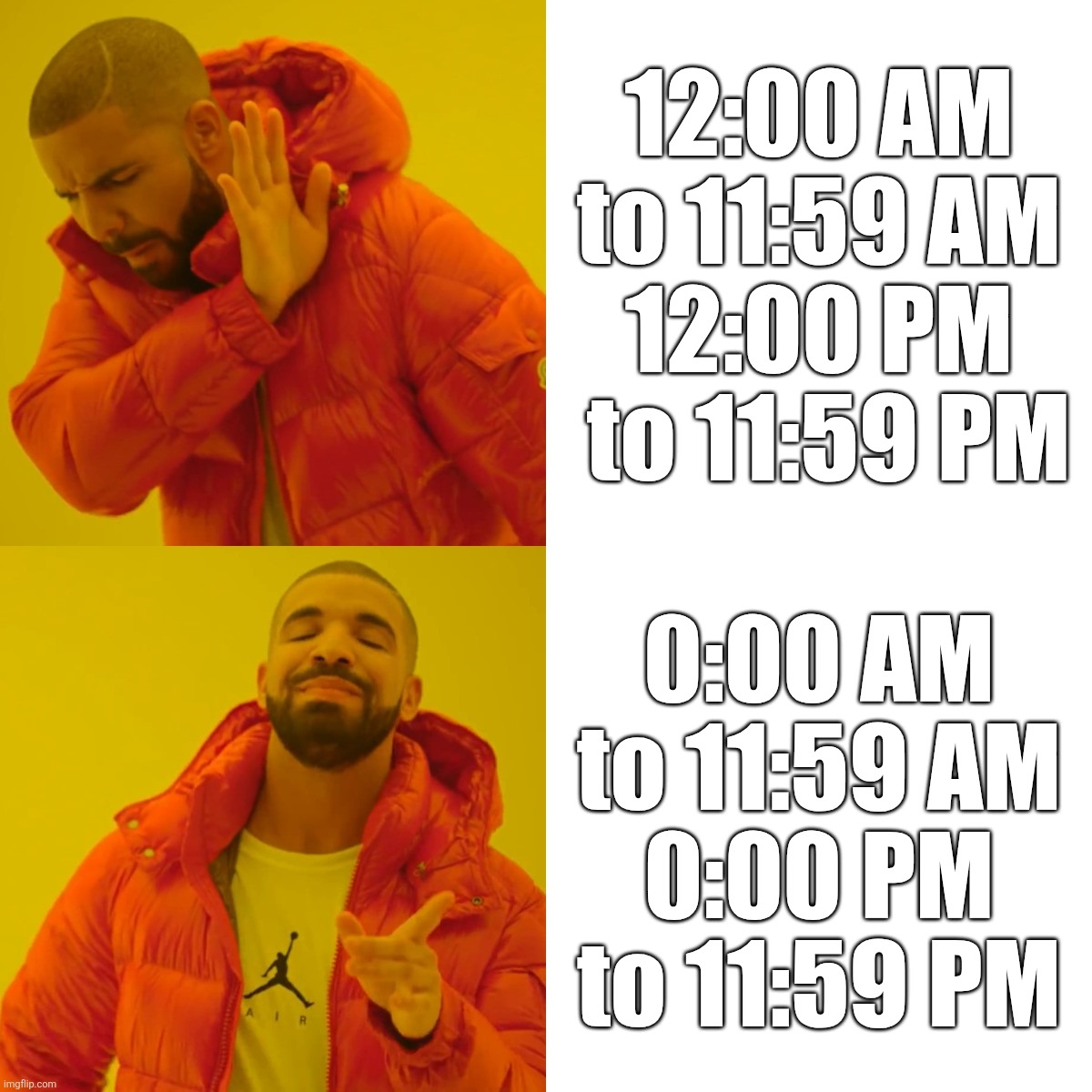 12-Hour Format Logic | 12:00 AM to 11:59 AM
12:00 PM  to 11:59 PM; 0:00 AM to 11:59 AM
0:00 PM to 11:59 PM | image tagged in memes,drake hotline bling | made w/ Imgflip meme maker