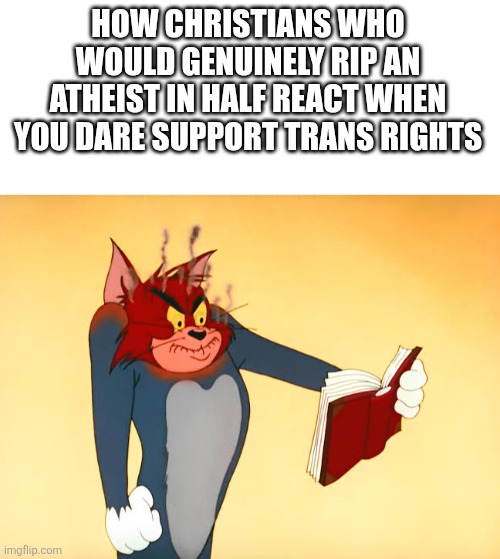 How Christians who would genuinely rip an atheist in half react when you dare support trans rights | image tagged in blank white template,images-69 jpeg | made w/ Imgflip meme maker