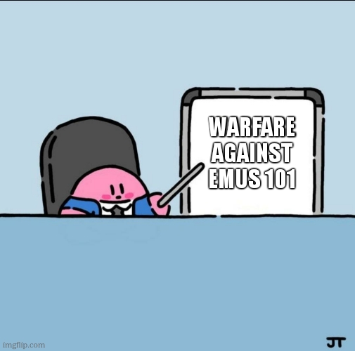 warfare against emus 101 | image tagged in kirby board | made w/ Imgflip meme maker