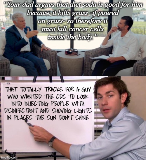 Both Biden and Trump have age-related cognitive decline... but at least Biden wasn't riding a pre-existing case of stupid. | “Your dad argues that diet soda is good for him
because it kills grass -if poured
on grass- so therefore it
must kill cancer cells
inside the body.”; that totally tracks for a guy
who wanted the CDC to look
into injecting people with
disinfectant and shoving lights
in places the sun don't shine | image tagged in jim halpert explains,trump unfit unqualified dangerous,moron,you voted for this | made w/ Imgflip meme maker