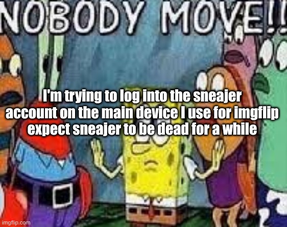 NOBODY MOVE!! | I'm trying to log into the sneajer account on the main device I use for imgflip
expect sneajer to be dead for a while | image tagged in nobody move | made w/ Imgflip meme maker