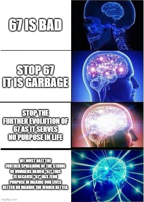 67 smol brain | 67 is bad; Stop 67 it is garbage; Stop the further evolution of 67 as it serves no purpose in life; We must halt the further spreading of the string of numbers named "67" This is because "67" has zero purpose in making our lives better or making the world better. | image tagged in memes,expanding brain,67 | made w/ Imgflip meme maker