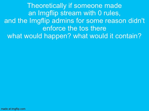 Theoretically if someone made an Imgflip stream with 0 rules, and the Imgflip admins for some reason didn't
enforce the tos there what would happen? what would it contain? | made w/ Imgflip meme maker
